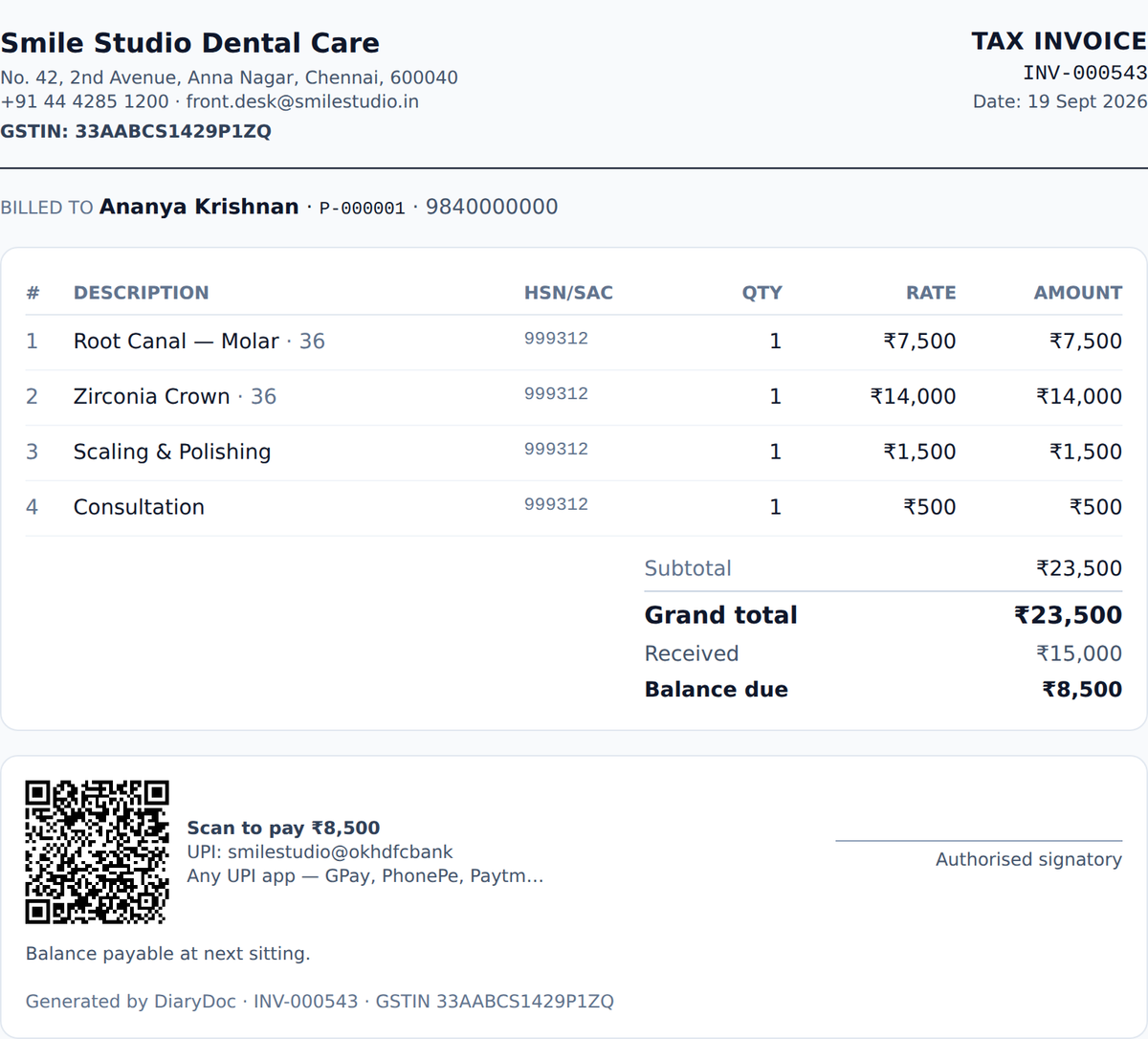 A DiaryDoc tax invoice with GSTIN, HSN/SAC codes, balance due and a UPI payment QR code