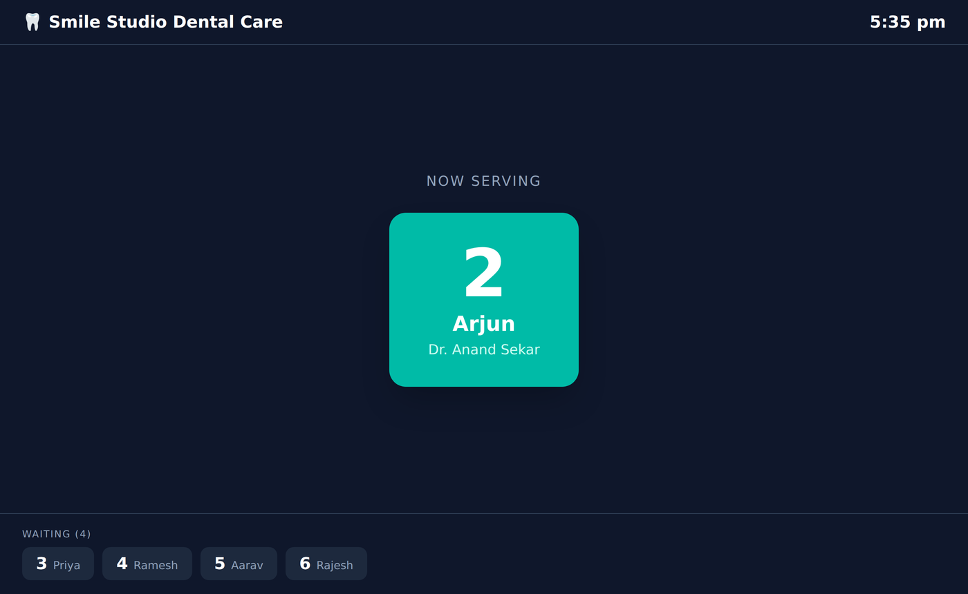 The DiaryDoc waiting-room screen showing the token now being served and the tokens waiting